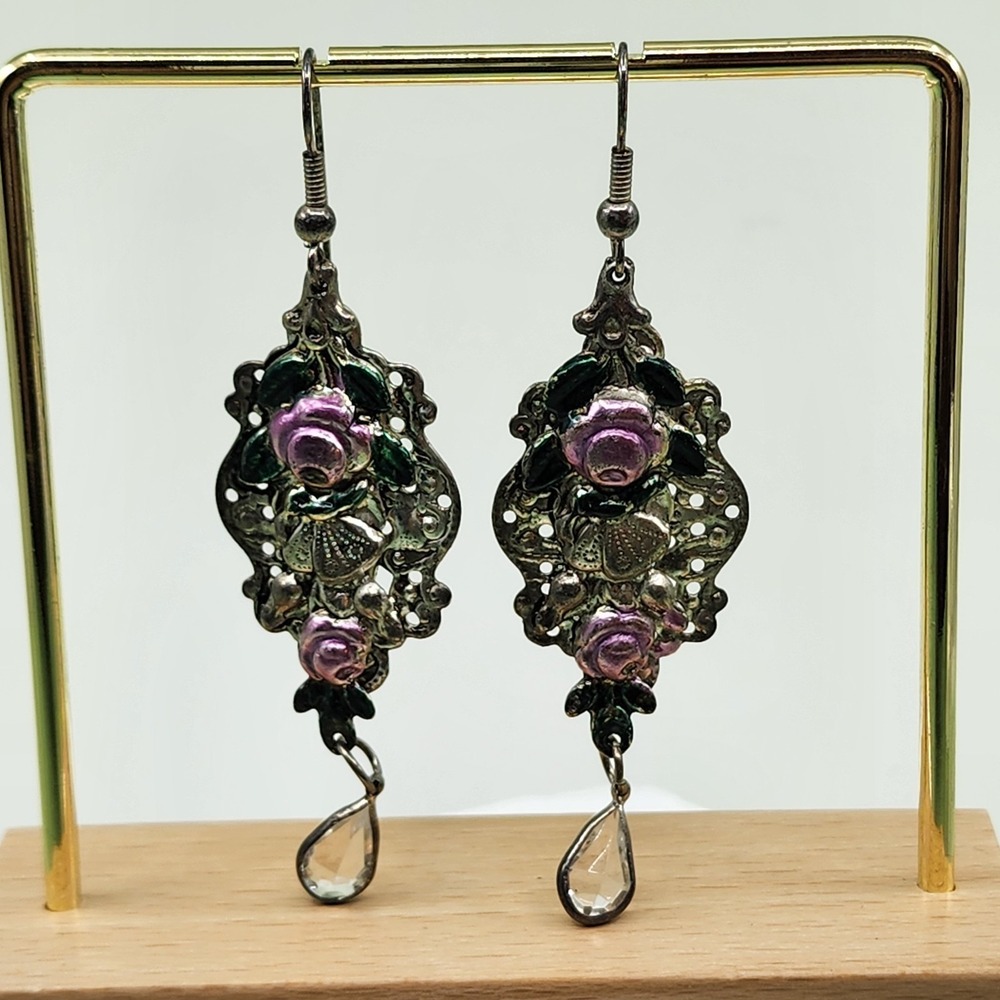 Vintage Purple Rose Filigree Dangle Earrings Crystal Teardrop Romantic Floral